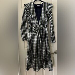 Women’s Glamorous  Dress Green Blue plaid Low Neck 3/4 Sleeve Ruffle Tie size 6T